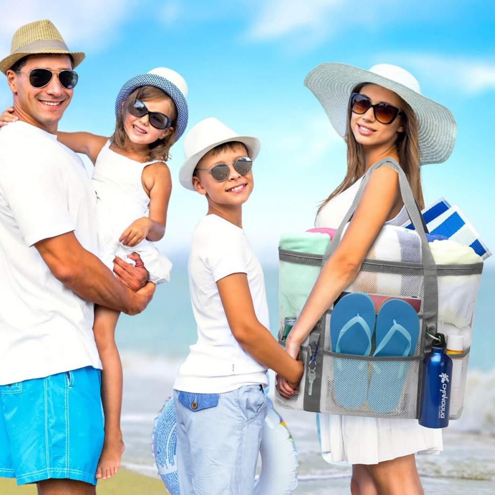 Borsa da Spiaggia Multifunzione in Rete Borsa Tote Portatile per Cosmetici con 9 Tasche Borsa da Viaggio per Asciugamano Articoli da Toeletta Organizzatore