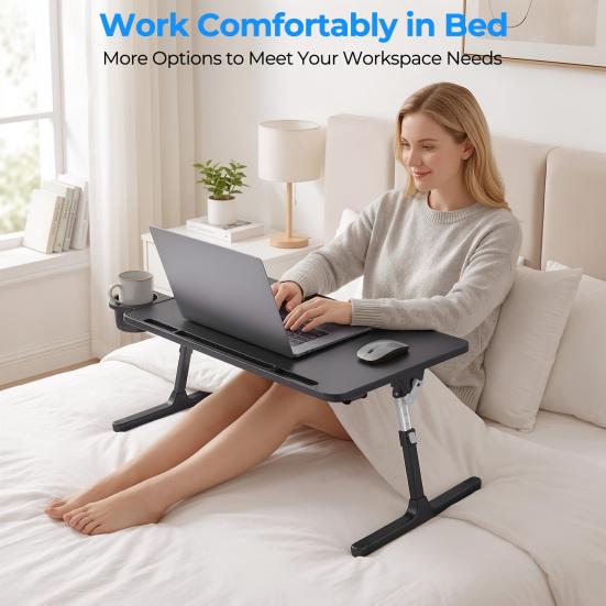 Bed Laptop Table Desk with LED, Drawer, Cup Phone Holder, Book Stand, 5 Height Computer Adjustable Foldable Lap Table, Sofa Floor Stand Tray