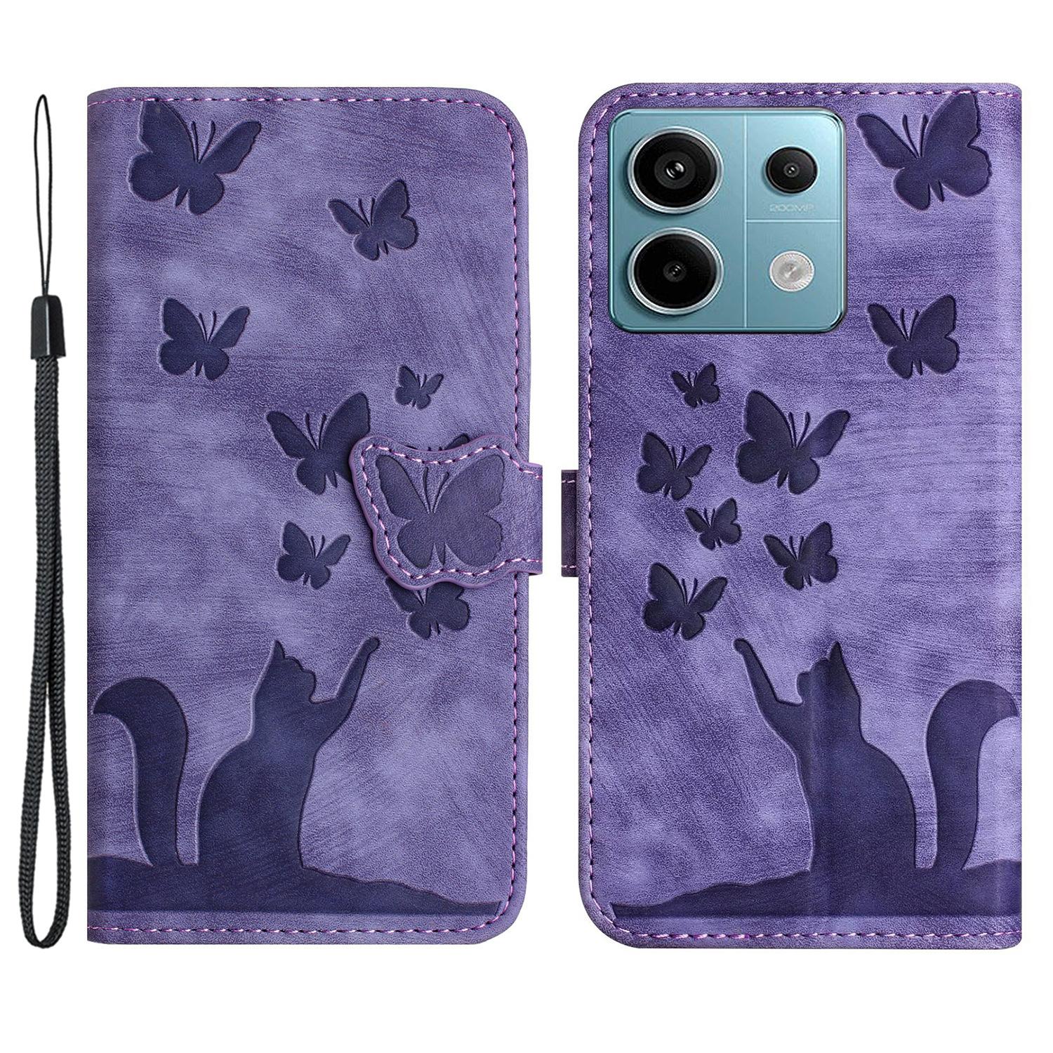 

For Xiaomi Redmi Note 13 Pro 5G/Poco X6 5G Case Butterfly Cat Imprinted Leather Flip Phone Cover Purple
