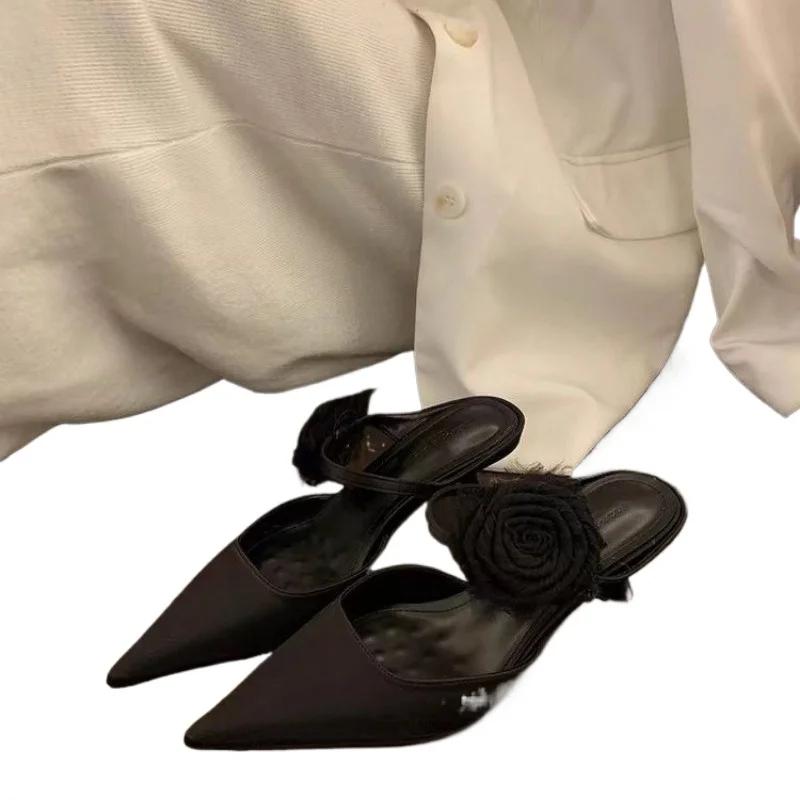 Fashion Ladies Shoes 2025 Pointed Toe Summer Floral Women's Slippers Plus Size Dress Slippers Women Thin Heels Modern Closed Toe Sandals