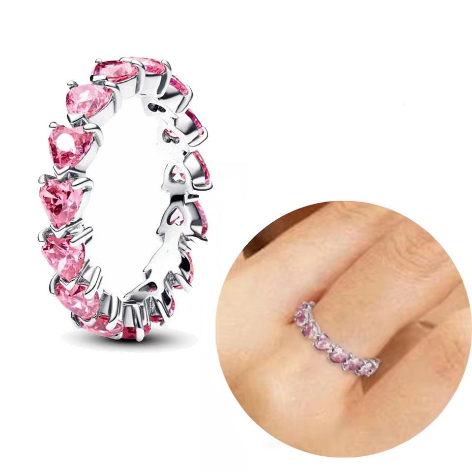 Heißer Verkauf 925 Silber Schwarz Funkelnder Reihe Ewigkeitsring Rosa Herzring für Damen CZ Zirkonia Hochzeitsschmuck Ringe Geschenke