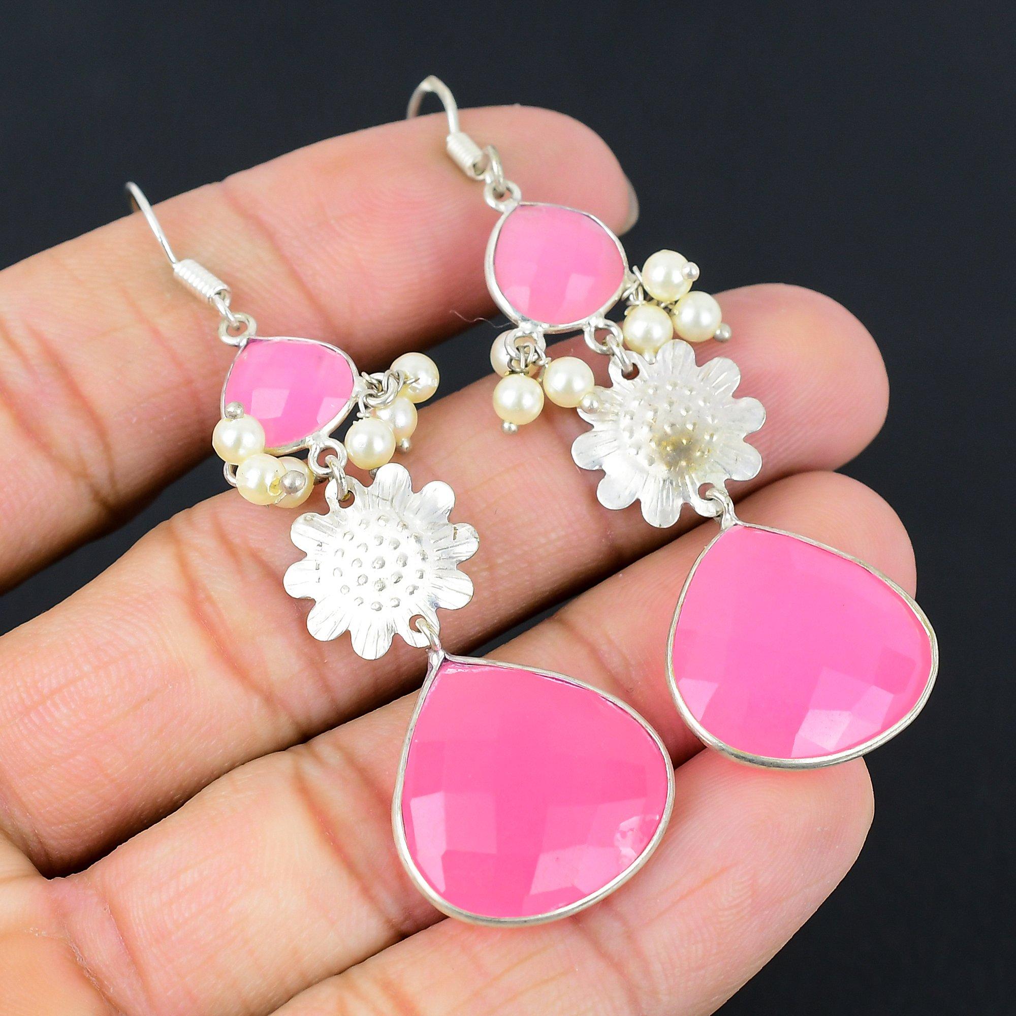 

Daughters Day Deal Pink Chalcedony Stone 925 Silver Boho Dangle Earrings Jewelry