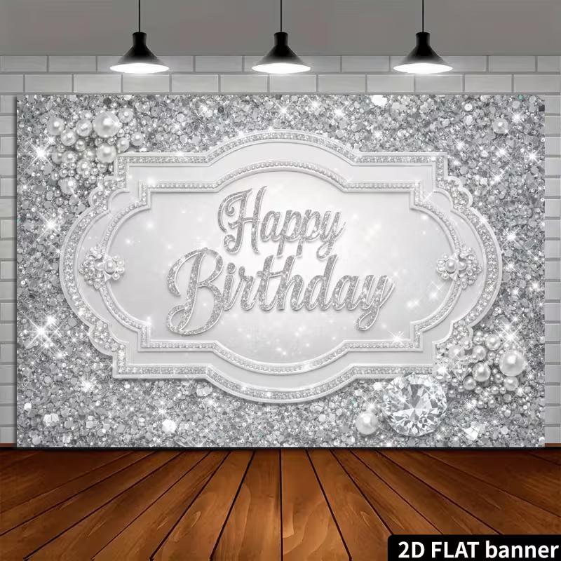 2D Silver Glitter Diamond Happy Birthday Backdrop Banner Party Photography Background