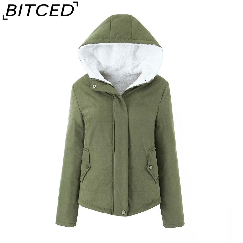 BITCED Fleece-Lined Thickened Cotton Jacket Quilted Short-Length Cotton Coat for Women Autumn/Winter Literary Minimalist Cotton-Padded Outerwear