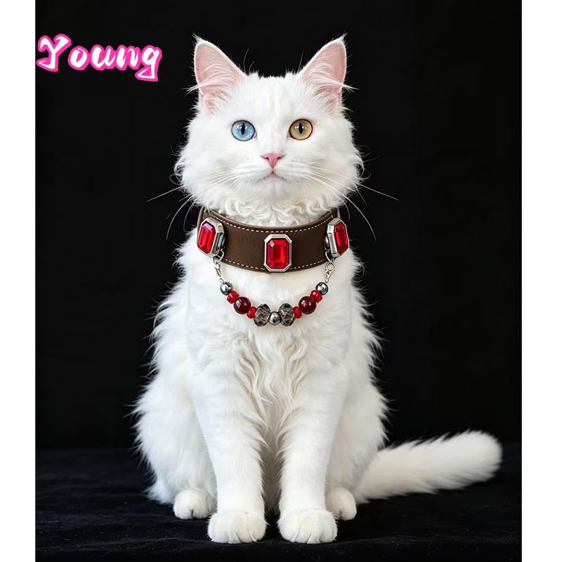 Luxury Leather Dog Collar with Detachable Agate Charm & Magnetic Ruby Gemstone Decor Pet Necklace Handmade Collar for Dogs Cats