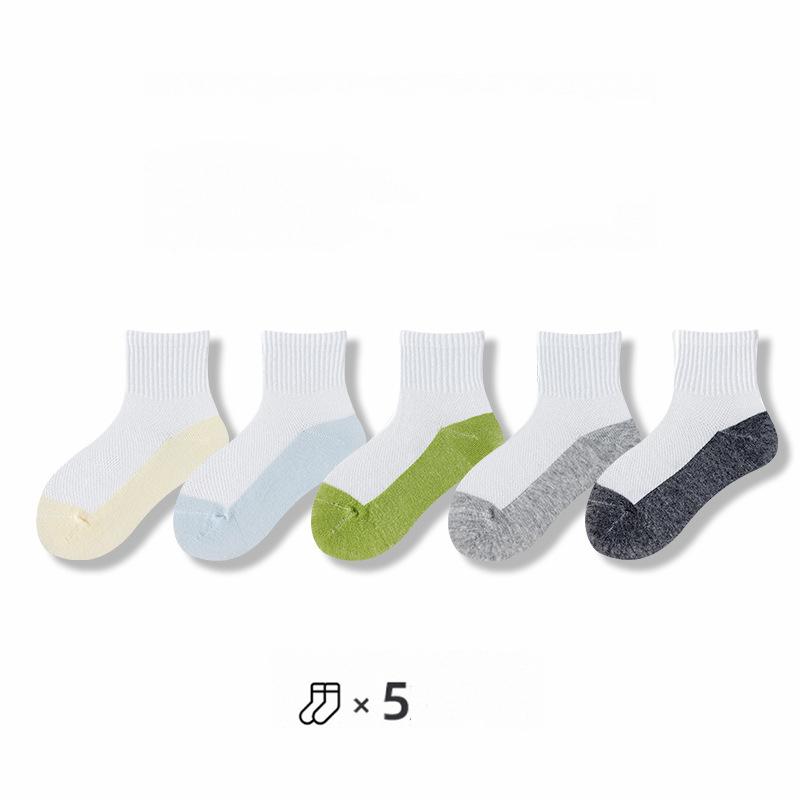 5 Pairs Kids Summer Cotton Socks Thin Breathable Mesh Antibacterial Mid Tube Sports Socks For Boys And Girls M(3-5Years Old)