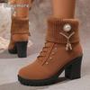 Autumn Winter Women's Brown Snow Boots Chunky High Heeled Black Botas Women Side Zipper Rhinestone Decors Botas Mujer Size35-41