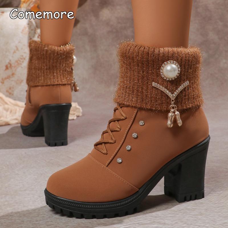 Autumn Winter Women's Brown Snow Boots Chunky High Heeled Black Botas Women Side Zipper Rhinestone Decors Botas Mujer Size35-41