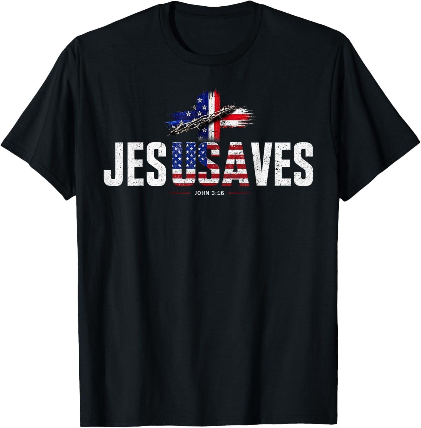 Jesus Saves Cross Subtle Christian Religious Faith USA Flag T- Unisex T-Shirt M