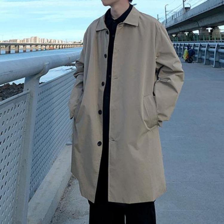 Men Double Breasted Windbreaker Coat Long Sleeve Lapel Solid Color Loose Fit Casual Mid Length Trench Coat with Pockets