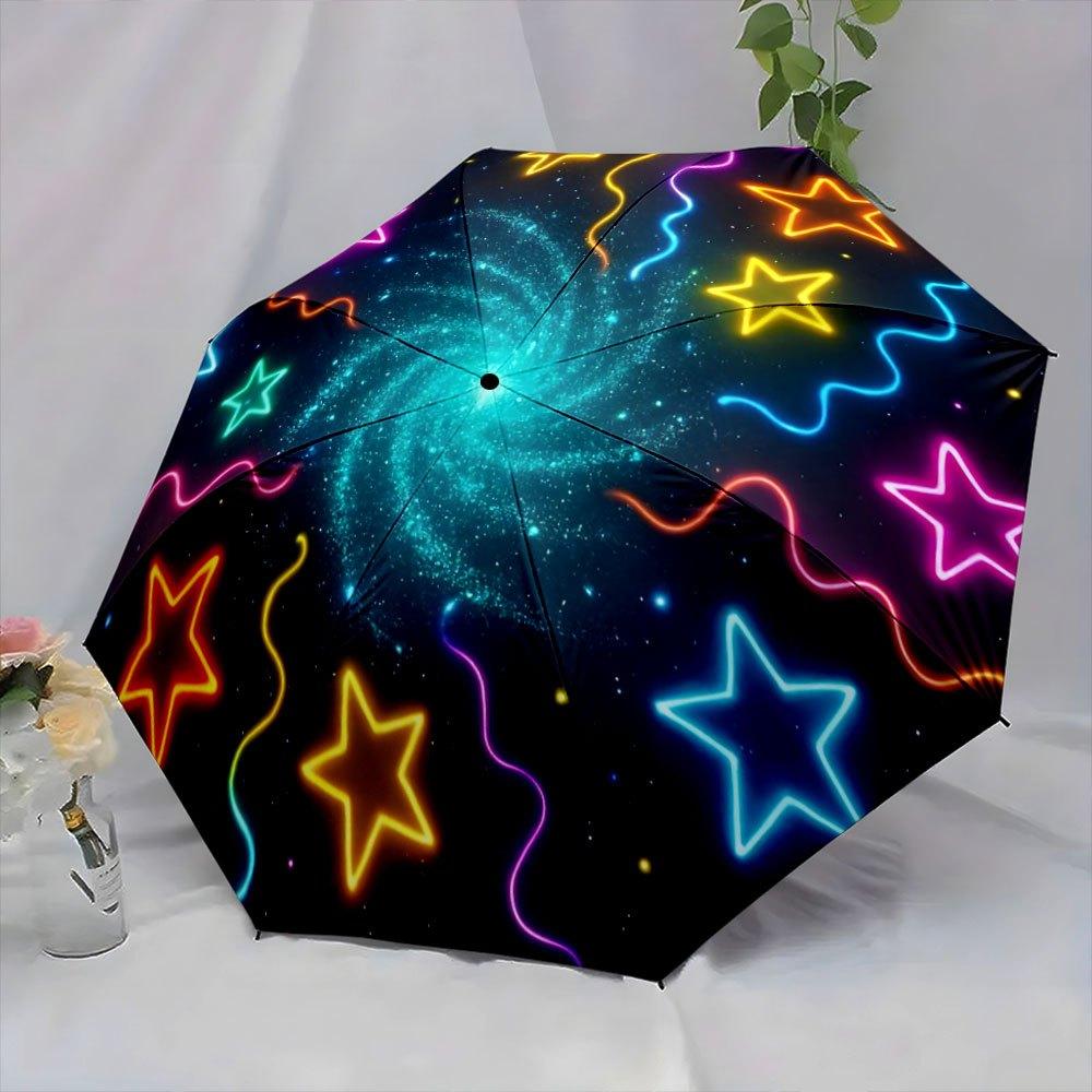 Neon Starburst Glow-in-the-Dark Umbrella - Open/Close, 8-Rib Compact Folding Umbrella with Multicolor Neon Glow (Pink/Green/Bl