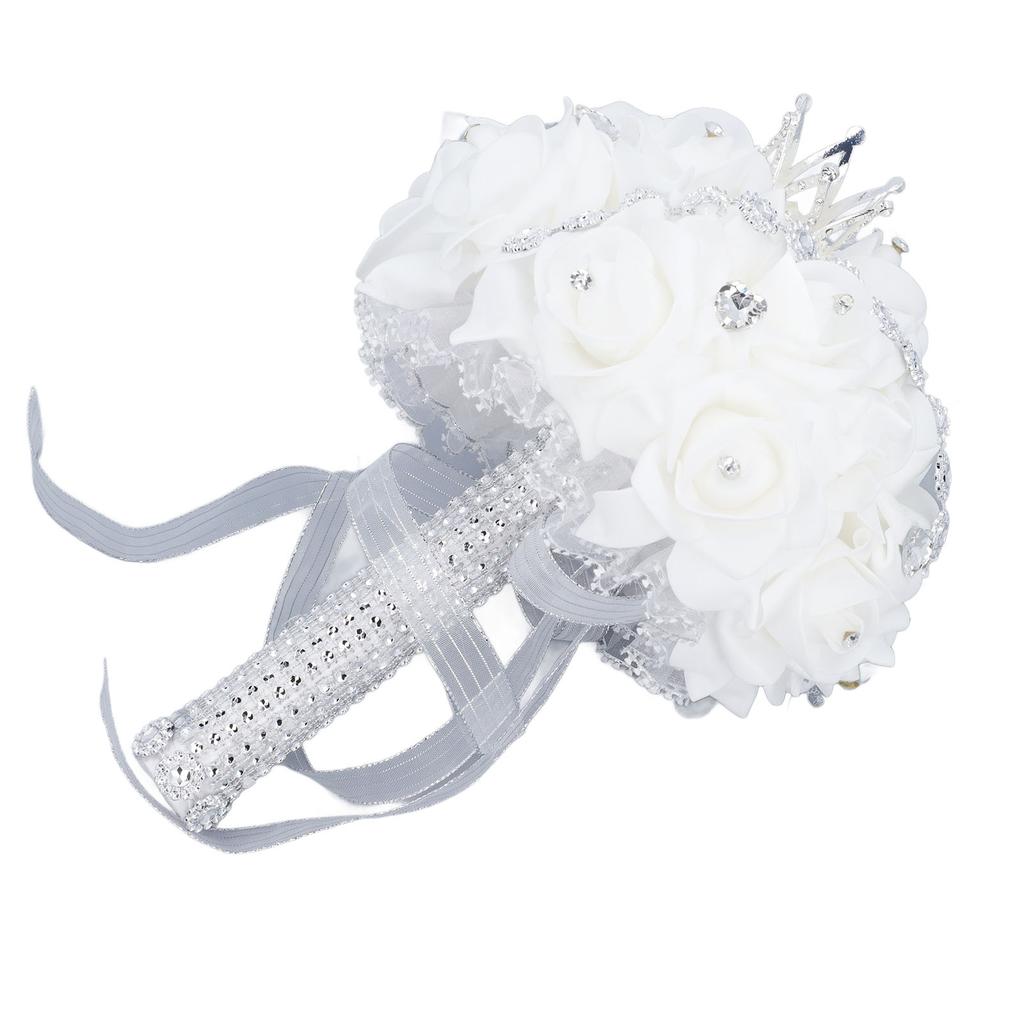 Wedding Bouquet with Crown 10.6 Inch PU Lace Satin Bridal Bridesmaid Artificial Flower Hand Bouquet for Wedding Party