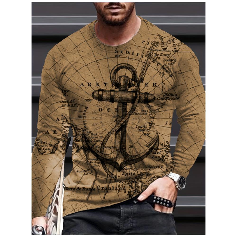 Camiseta de Manga Larga con Estampado 3D de Ancla y Brújula, Top de Primavera y Otoño para Hombre, Retro Street, Oversized, Cuello Redondo