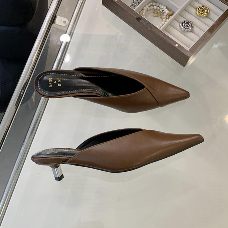 Fashion SUOJIALUN 2024 Spring New Brand Women Slipper Fashion Pointed Toe Shallow Slip On Mules Shoes Thin Low Heel Dress Sandal Shoes P