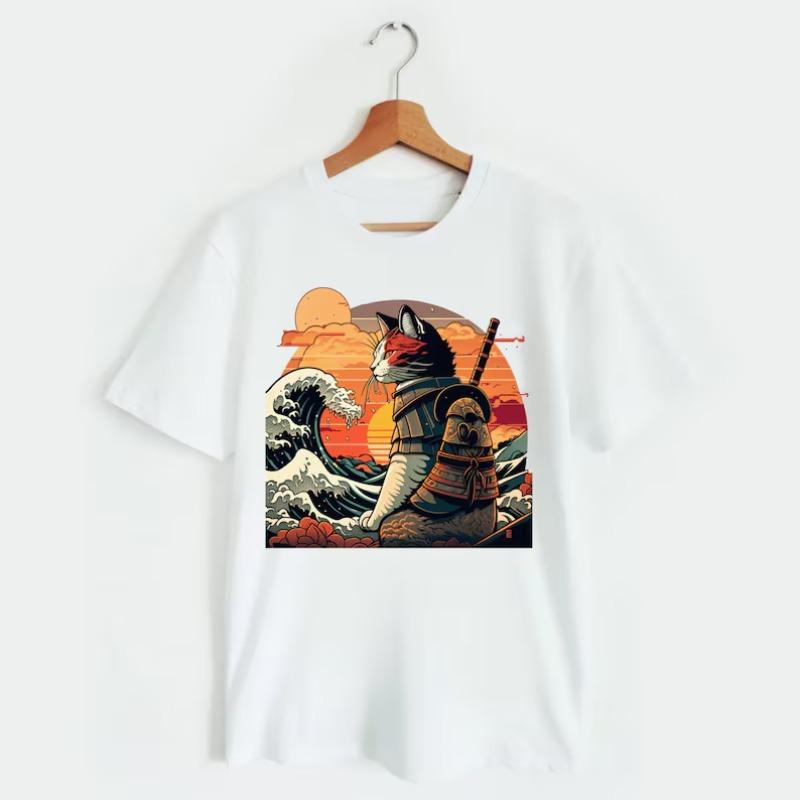 Japanese Samurai Cat TShirt Warrior Feline with Great Wave Red Sun Graphic Printed Tshirt Top for Fashion Women Clothing