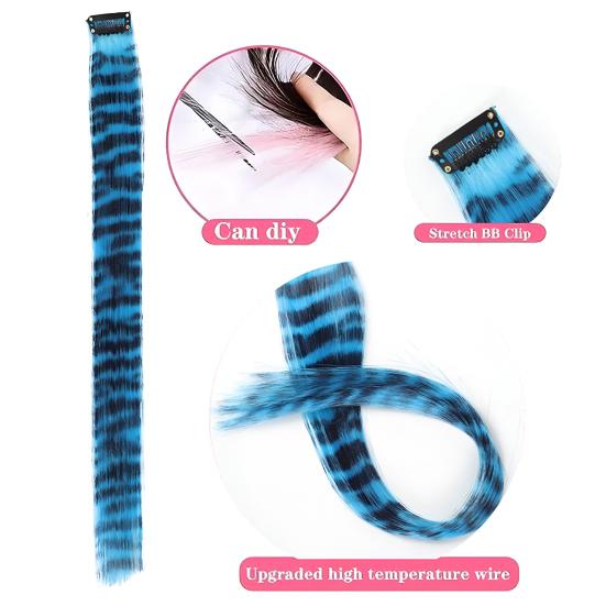 Women Clip-in Raccoon Tail Hair Extension Heat Resistant Natural Looking Long Straight Synthetic Stripe Printed Hairpiece Wig