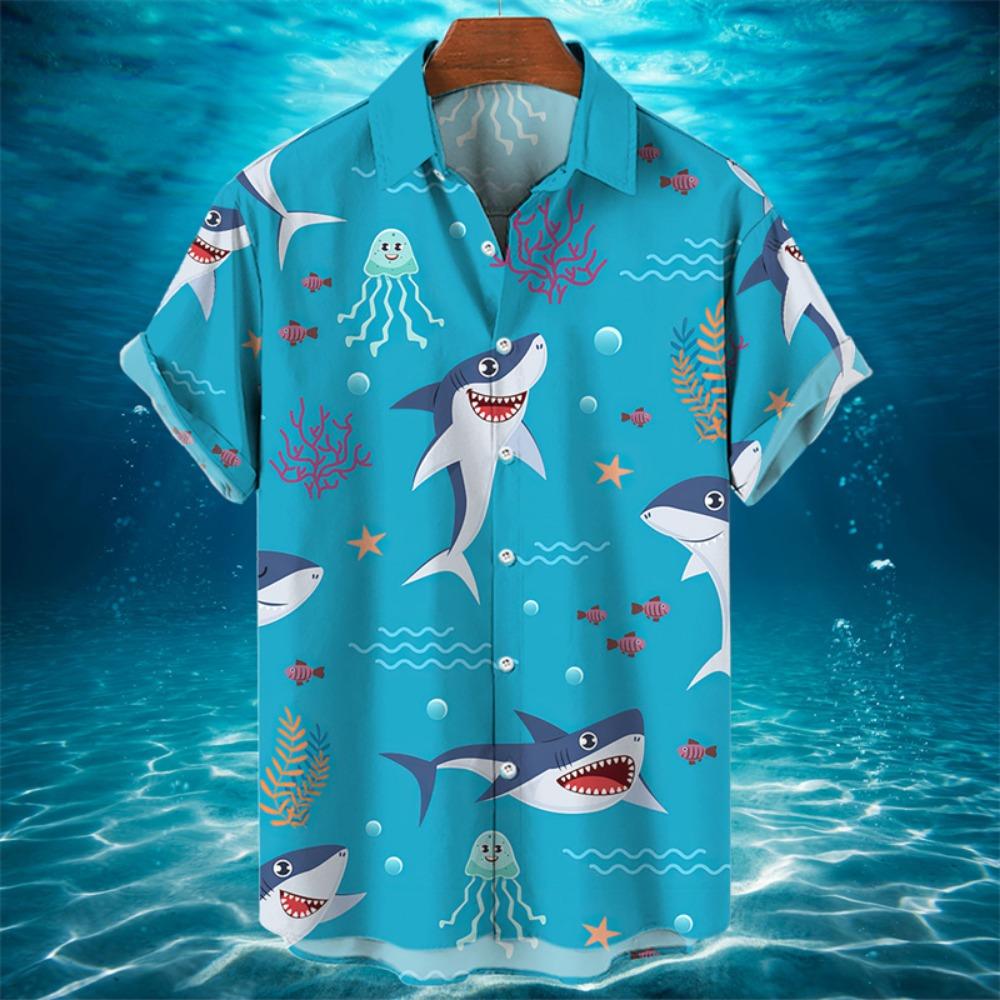 3D Animal Shark Print Hawaiian Shirt Men's Summer Casual Shirt Fashion Short Sleeved Sea World Loose Street Blouse Clothes