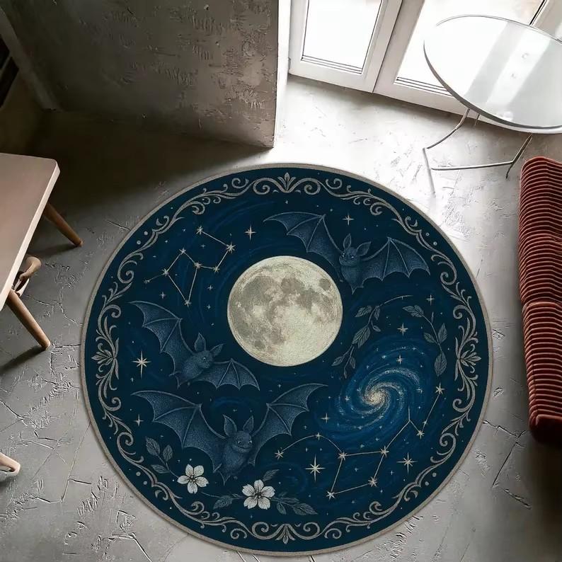 

Raven and Full Moon Round Rug Gothic Witchy Carpet with Celestial Stars and Botanical Accents for Dark Boho Home Decor Mat 80cm