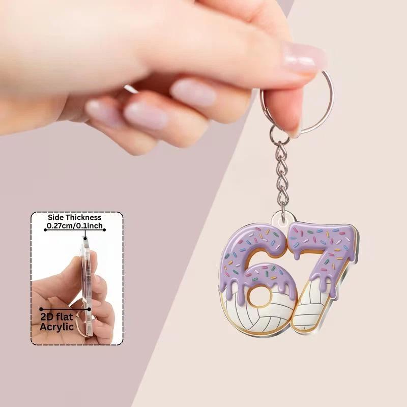 2D Flat Acrylic Keychain Cute Blue Icing Donut 67 Badminton Pattern Non-Fading Key Decor for Backpack Pendant