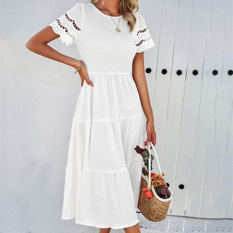 Spring and Summer Solid Color Temperament Hollow Out Dress