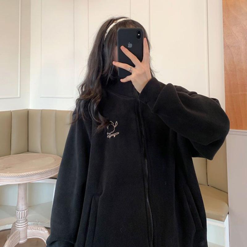 Women s Thickened Velvet Embroidered High Collar Fleece Cardigan Sweater M чёрный