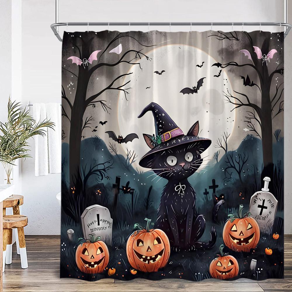 Black Witch Cat Halloween Shower Curtain Full Moon Horror Night Evil Pumpkin Graveyard Bathroom Decor Polyester Bathtub Curtain