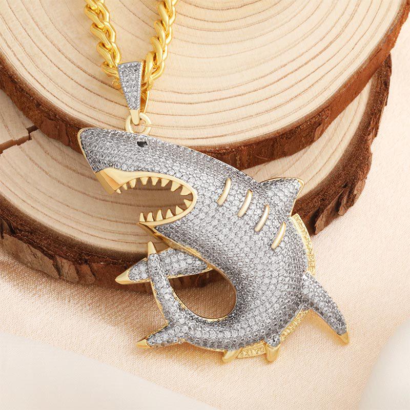 Collana Pendente Squalo DAXI Unisex alla Moda con Pieno Pavé di Diamanti e Catena a Maglia Cubana - Gioielli Hip Hop che Non Sbiadiscono