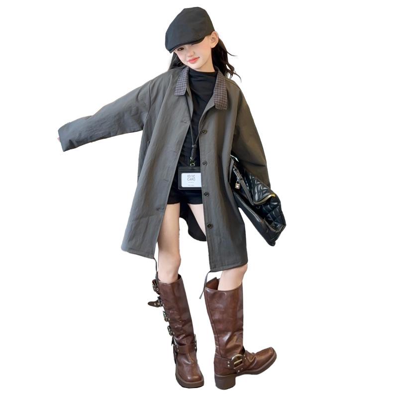 Mädchen Midilanger Trenchcoat: 2025 Frühling/Herbst Koreanischer Stil für Kinder - Lockerer, lässiger Schnitt