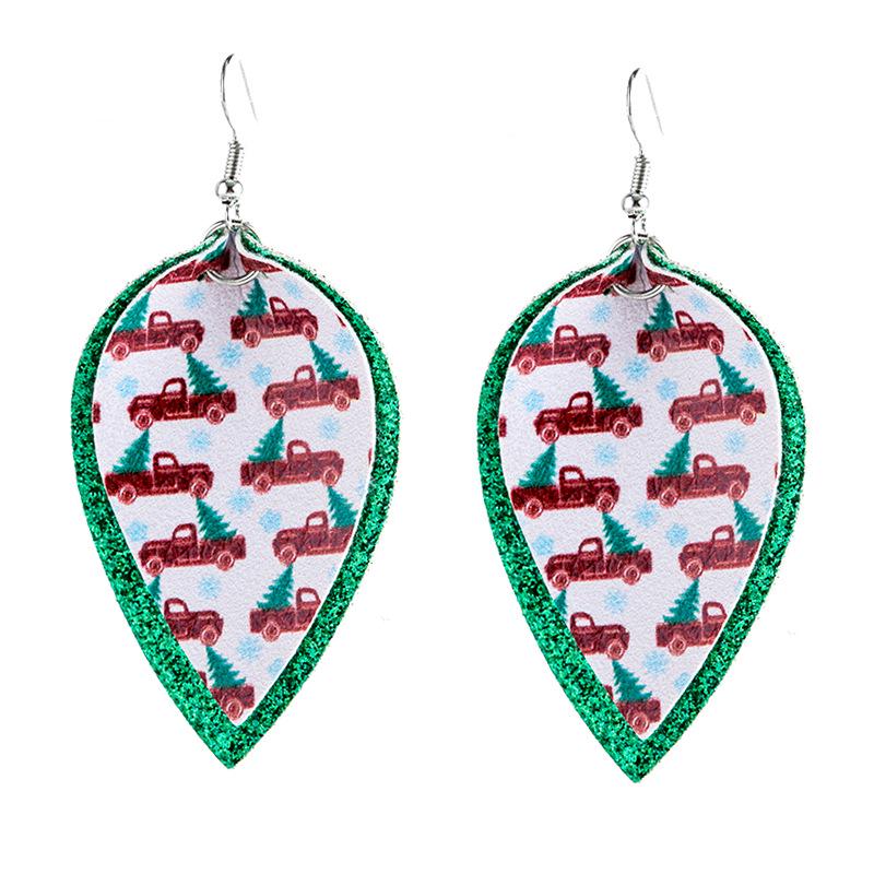 European & American Christmas Tree Red Car Sequin Leather Earrings - Holiday Style Leaf Design