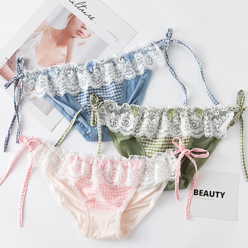 Checkered Lace Up Panties Lace Low Waist Triangle Women's Panties