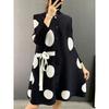 Stand Collar Pleated Dress 2023 Autumn Single Breasted Drawstring Dot Printing Festival Clothing Women Elegant