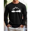 Spring and Autumn Round Neck 3D Mountain Reflection Pattern Printed Top Fashionable Casual Long Sleeved Men's T-shirts