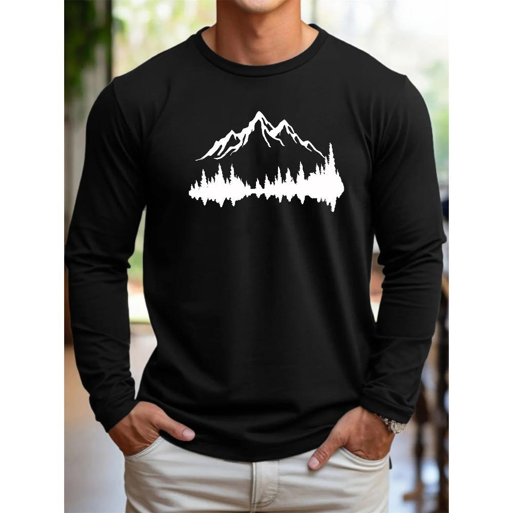 Spring and Autumn Round Neck 3D Mountain Reflection Pattern Printed Top Fashionable Casual Long Sleeved Men's T-shirts