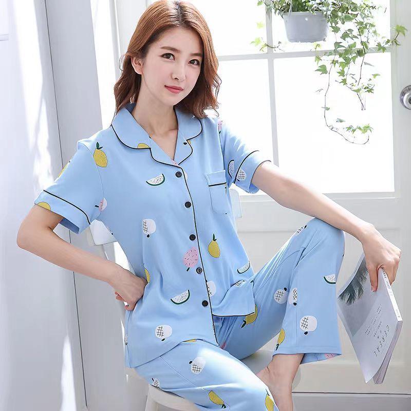 Summer cotton pajamas women's short-sleeved trousers middle-aged women's plus-size cardigan set thin loungewear