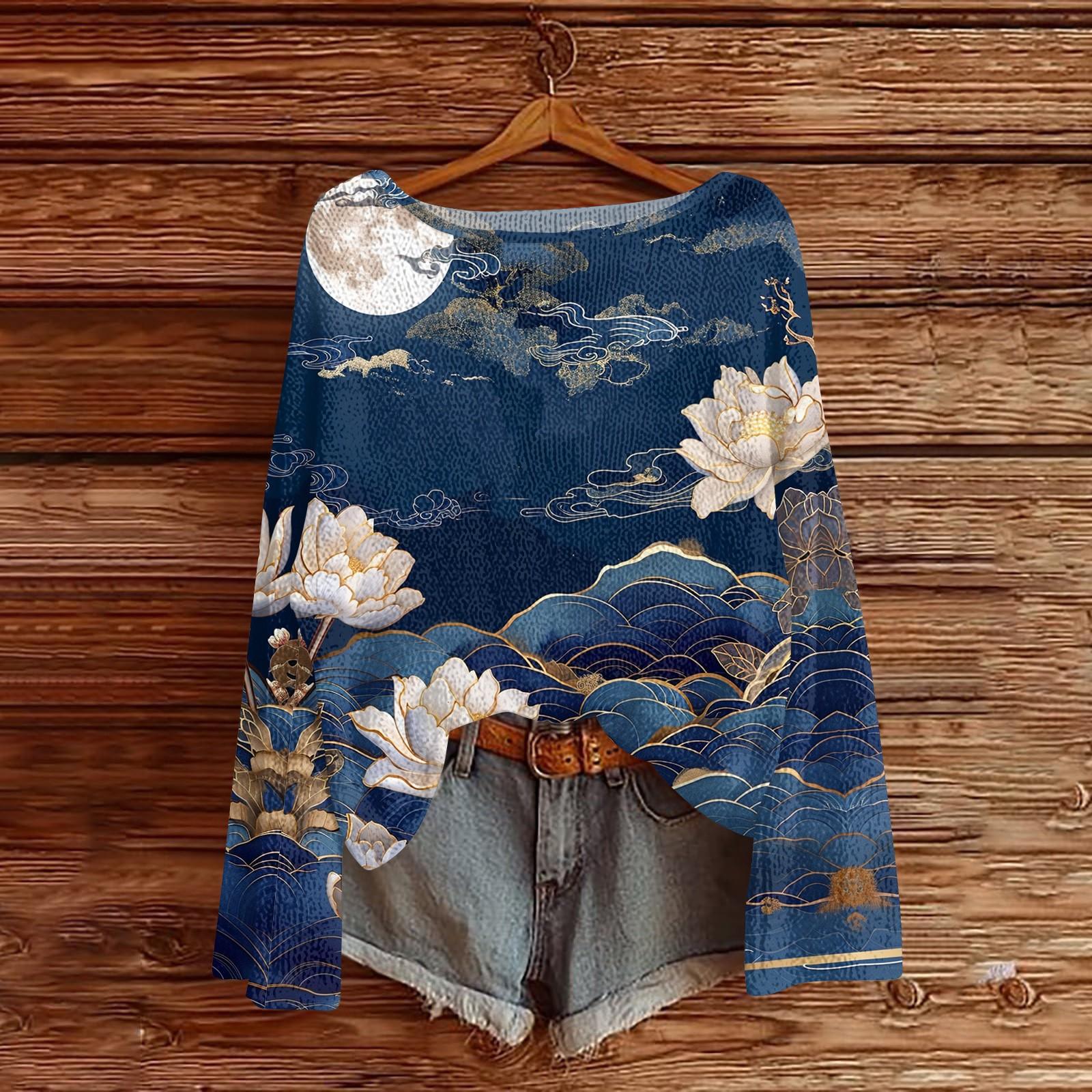 

Womens Fall Sweaters Long Sleeve Print Tops Pullover Sweaters Loose Dressy Casual Basic Clothes XXL