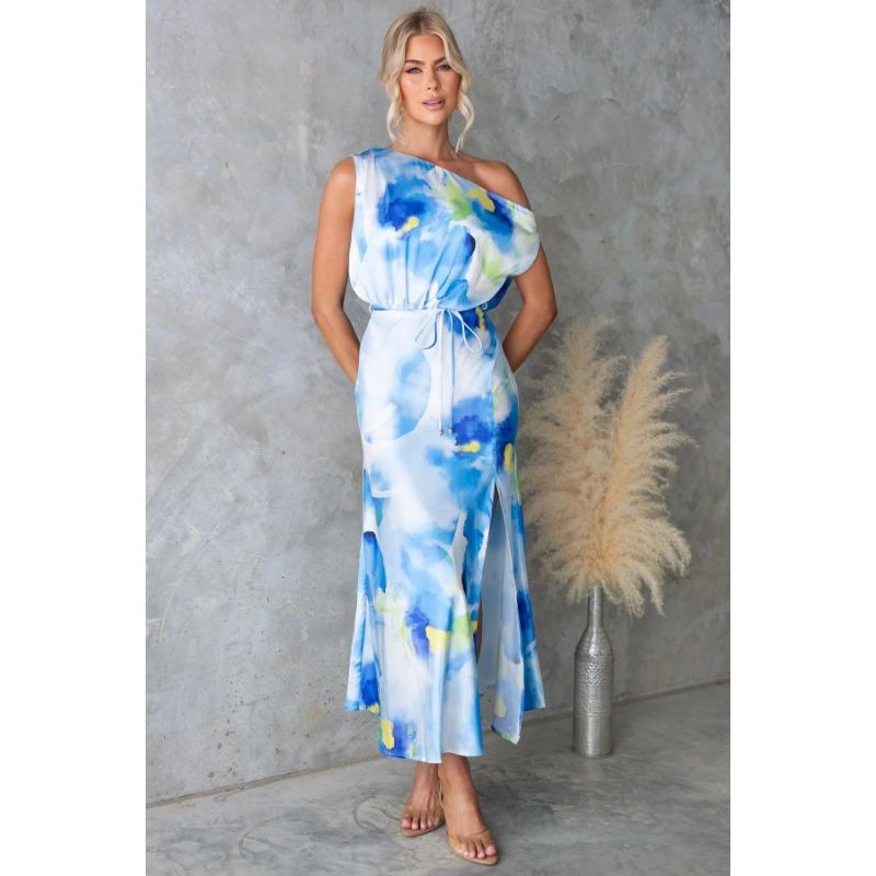 A Summer Women's Dress with A Slit and Sleeveless Print At The Bottom