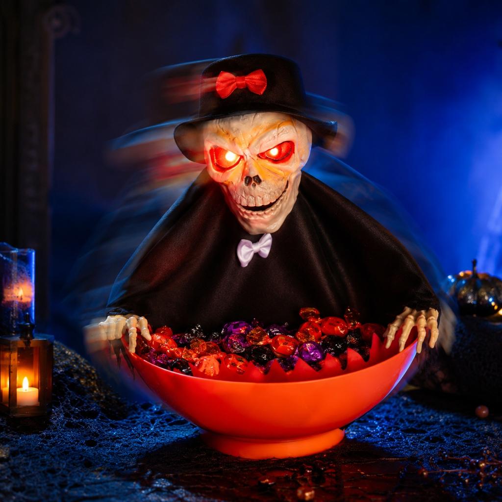 Halloween Motion Activated Candy Bowl with Sound and Light Up Features for Party Table Decoration and Interactive Display