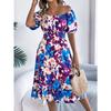 New Women's Floral Print Square Neck Dress, Short Sleeve A-Line Midi Dress with Ruffle Hem & Tie Waist for Spring Summer Casual Party & Daily Wear