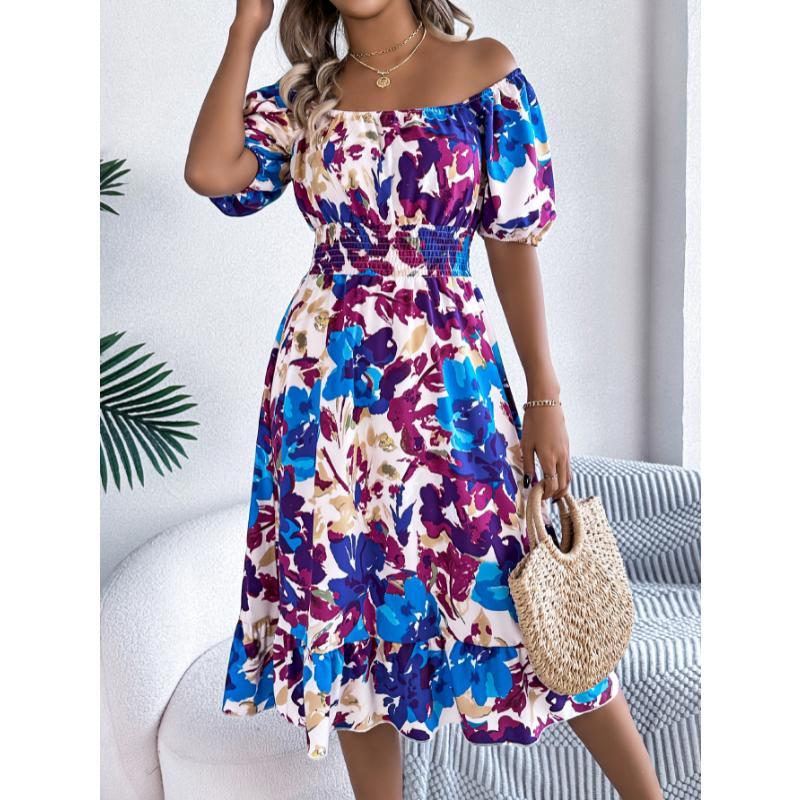 New Women's Floral Print Square Neck Dress, Short Sleeve A-Line Midi Dress with Ruffle Hem & Tie Waist for Spring Summer Casual Party & Daily Wear