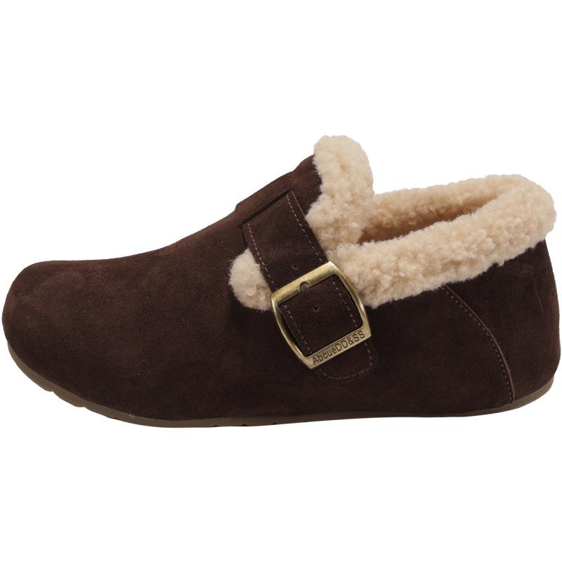 Leather fur women's winter retro velvet warm belt buckle versatile one pedal non-slip flat cotton shoes