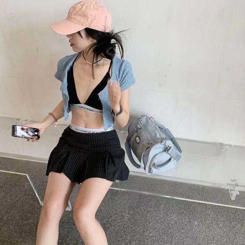 2025 Summer Preppy Black Pleated Mini Skirt with Elastic Waist, Two-Piece Look for Petite Figures