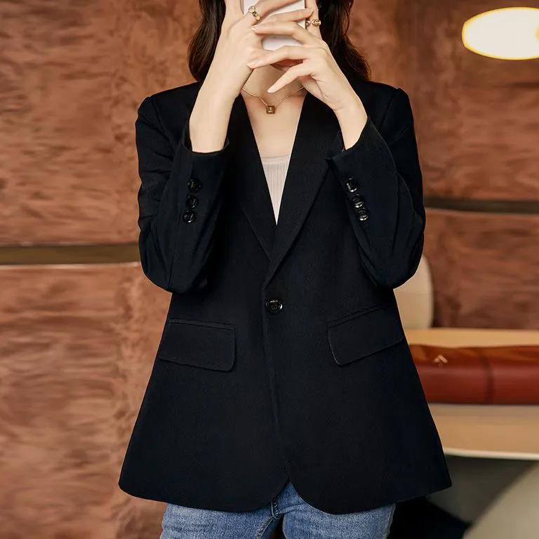 WTEMPO Office Ladies Large Size Solid Color V-neck Blazer Coats Women's Spring Autumn Long Sleeve Elegant Slim Button Coats
