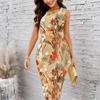 Women Plus Size Sleeveless Round Neck Midi Bodycon Dress Colorful Watercolor Floral Print Slim Fitted Dress