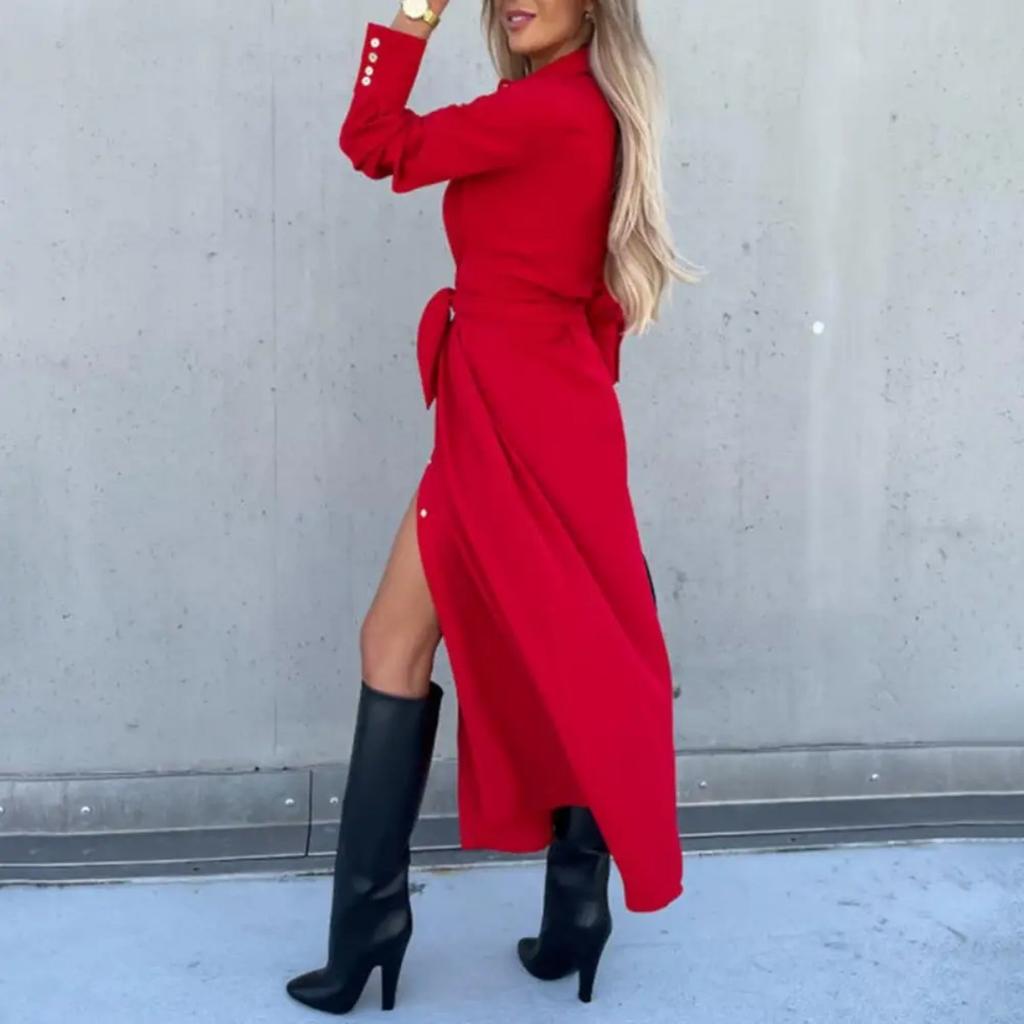 Women's Cotton Button Down Maxi Long Sleeve Lapel Collared Long Dress Lace Up Waist Ladies Robes