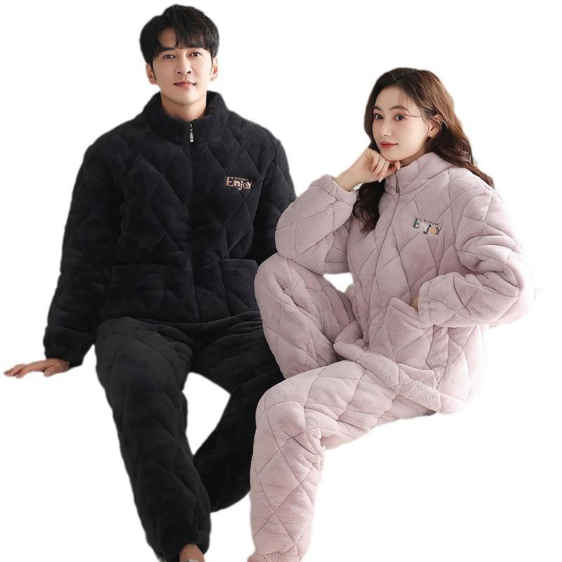 Winter Couple Pajamas Women'S Three-Layer Padded Cotton Thickened And Velvet Winter New Warm Men'S And Women'S Zipper Loungewear Set