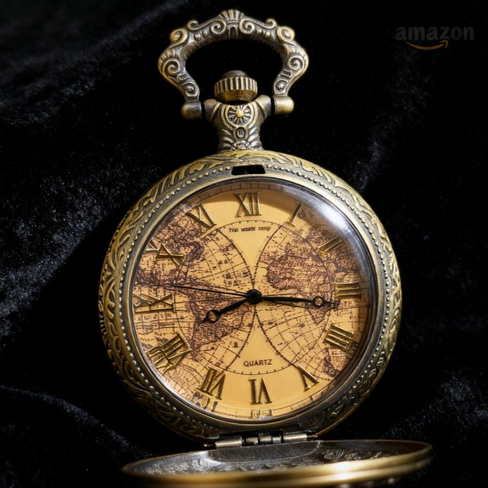 Tea Colored Glass Double Earth Pattern Pocket Watch, Unisex Casual Quartz Retro Pocket Watch.
