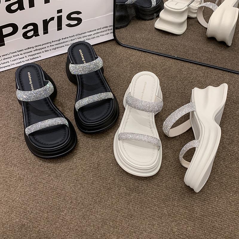 Fairy One-word Women's Casual Outer Slippers 2025 Summer New Muffin Soft Bottom Fashion Rhinestone Slippers Women