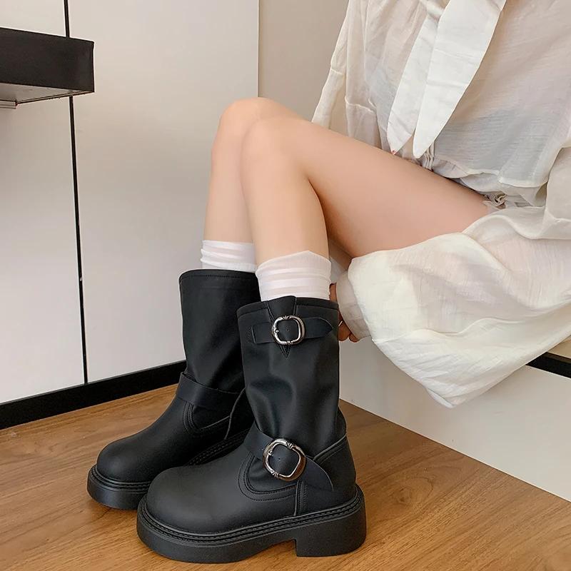 

New Style Women s Cow Suede Women Boot Fashion Buckle Square Toe Mid-calf Boots for Women Thick Heel Work Boots Mujer 43