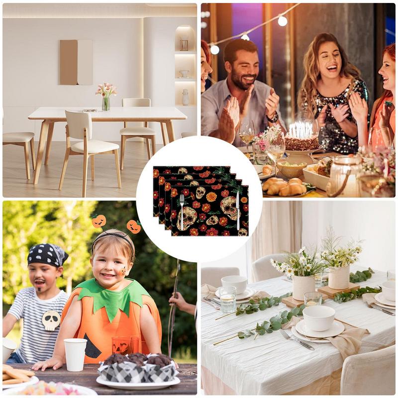 Halloween Table Placemats Chrysanthemum Skull Kitchen Table Mats Seasonal Table Mats 4pcs Kitchen Halloween Decoration Table