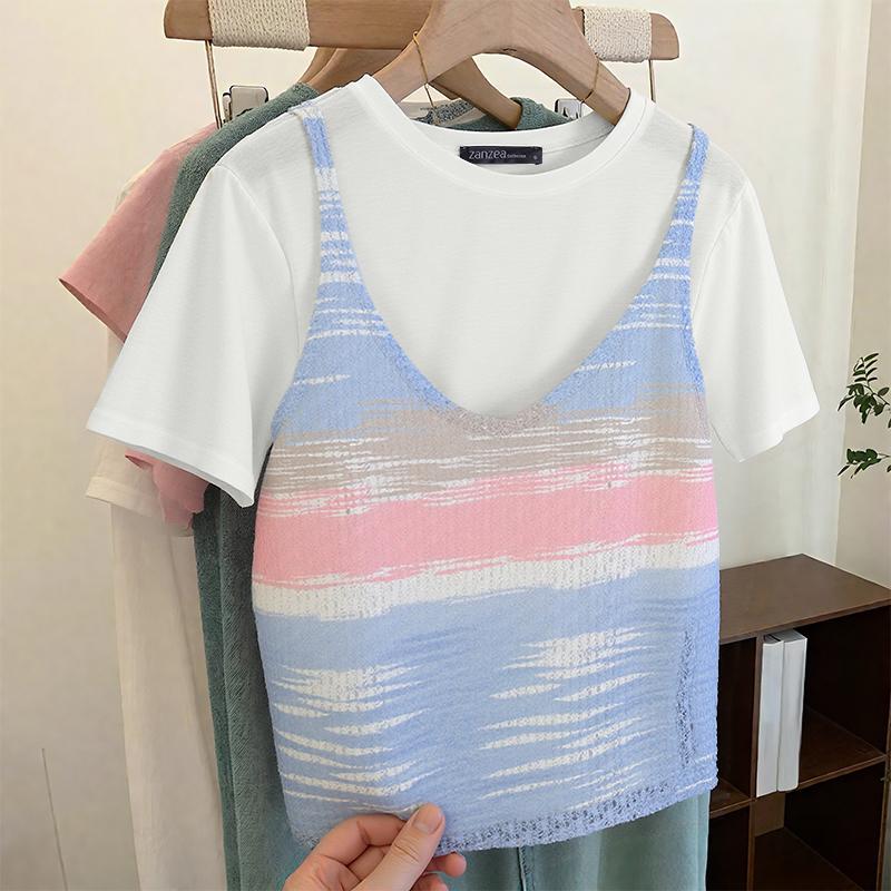 

ZANZEA Женские повседневные футболки с коротким рукавом, пэчворк, имитация двух частей 4XL синий